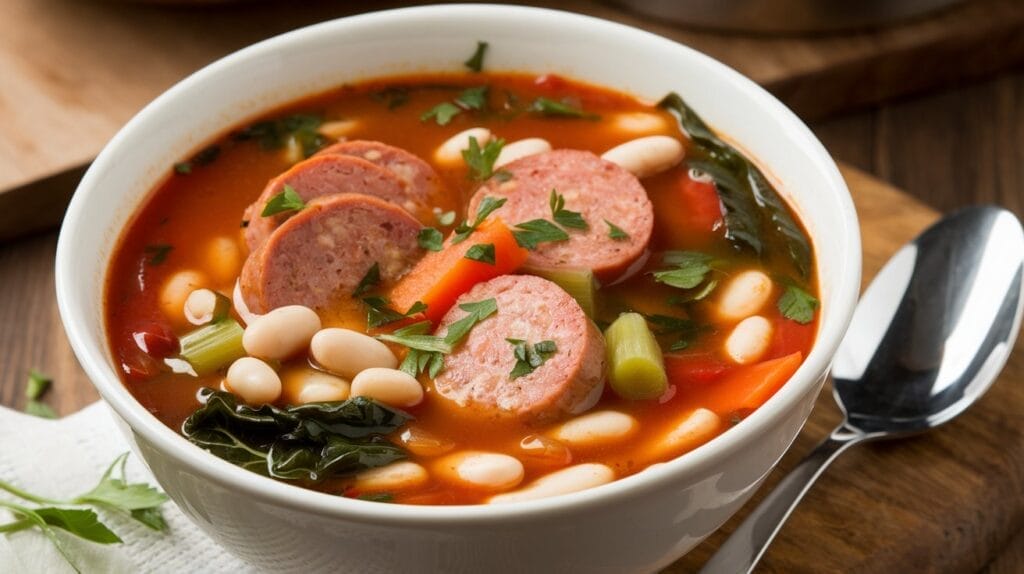 a bowl of italian sausage and bean soup