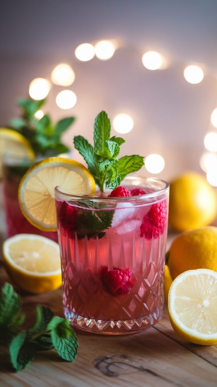 Refreshing raspberry lemonade mocktail in a glass with mint and lemon, on a wooden table.