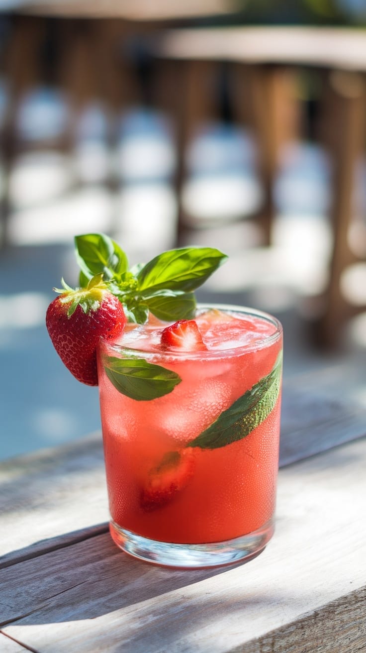 A refreshing strawberry basil mocktail in a glass with ice, garnished with a basil sprig and strawberry slice on a sunny patio.