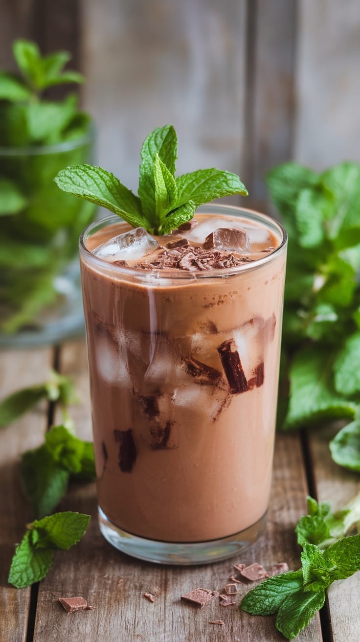 A tall glass of Chocolate Mint Dream mocktail with mint leaves and chocolate shavings on a wooden table.