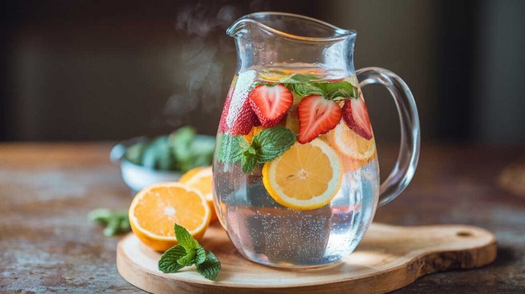 water pitcher with fruit in it