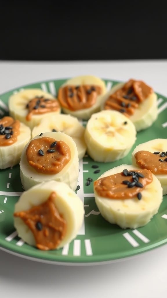 A plate of sliced bananas topped with almond butter and seeds on a green football-themed plate.