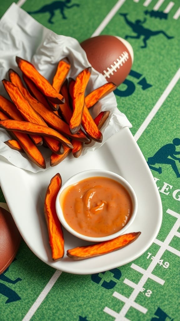 A plate of baked sweet potato fries with a dip on a football-themed surface.