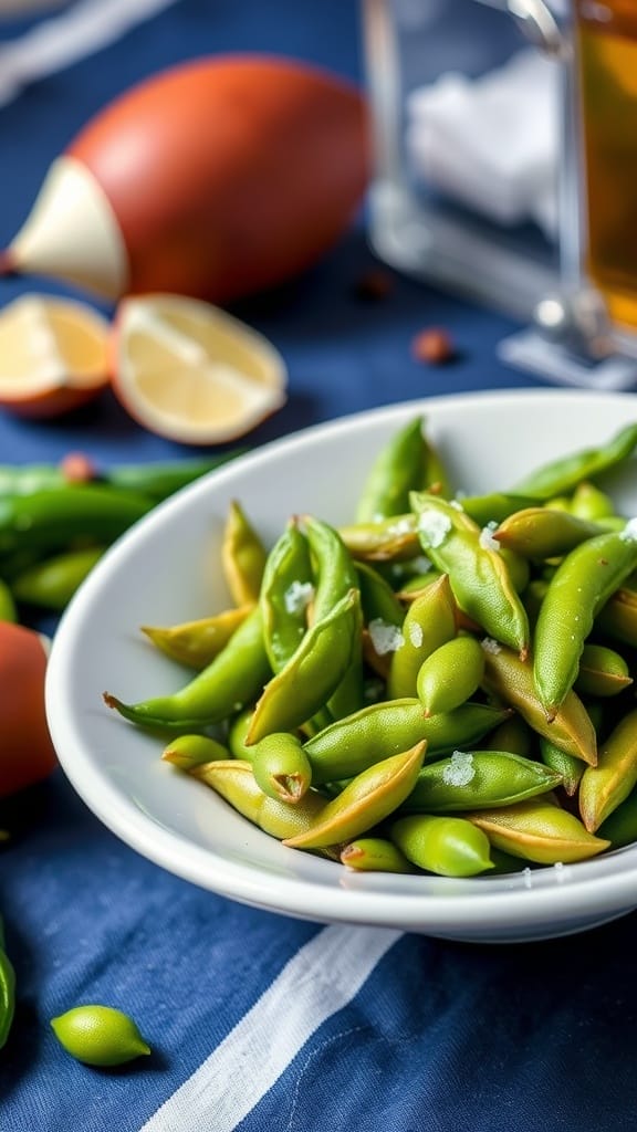 A bowl of chili-lime edamame on a blue tablecloth, garnished with salt and lime slices.