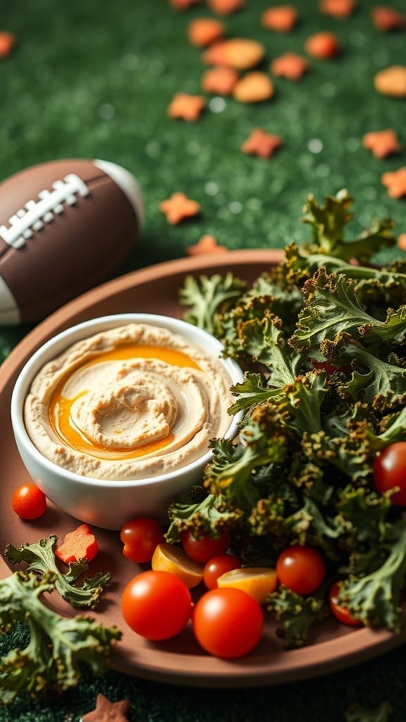 A plate of crispy kale chips with hummus and cherry tomatoes, set against a football-themed background.