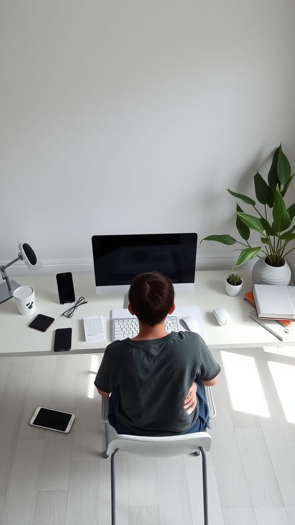 A person sitting at a clean, minimalistic desk with a computer and several devices, looking away from the screen.