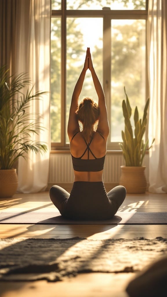 A person practicing yoga in a bright room with natural light.
