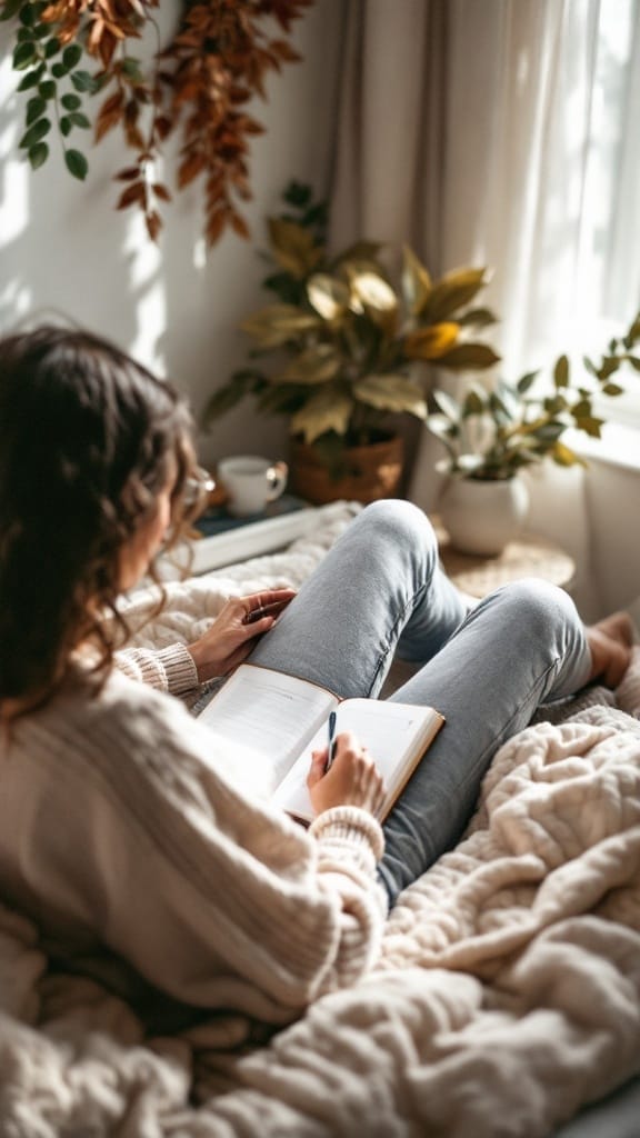 A woman writing in a journal while sitting in a cozy chair, surrounded by plants and a warm atmosphere.