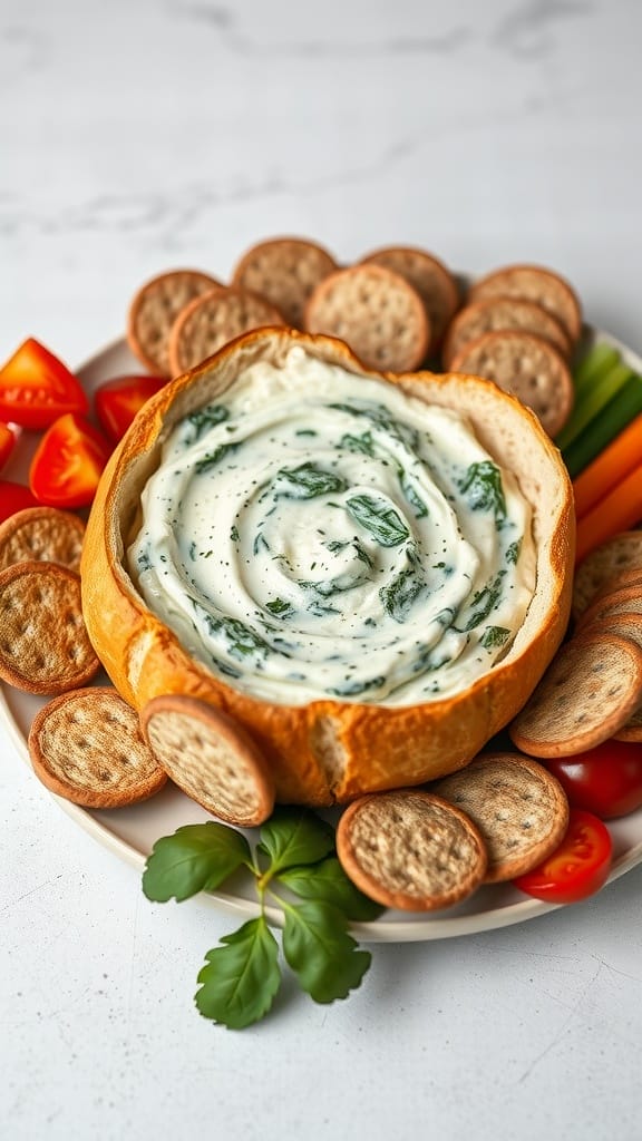 A bowl of creamy Greek yogurt spinach dip surrounded by crackers, celery sticks, and cherry tomatoes.