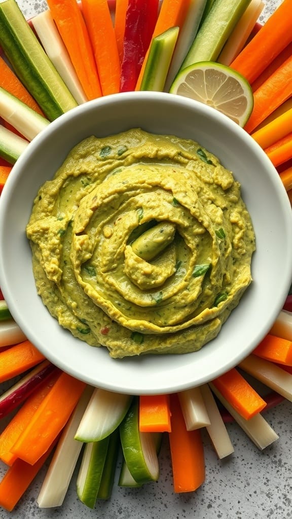 A bowl of guacamole surrounded by colorful veggie sticks.