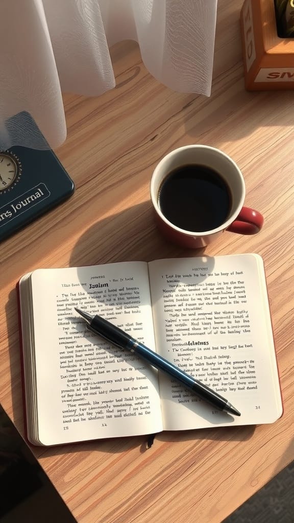 A journal open on a wooden table with a pen and a cup of coffee beside it.