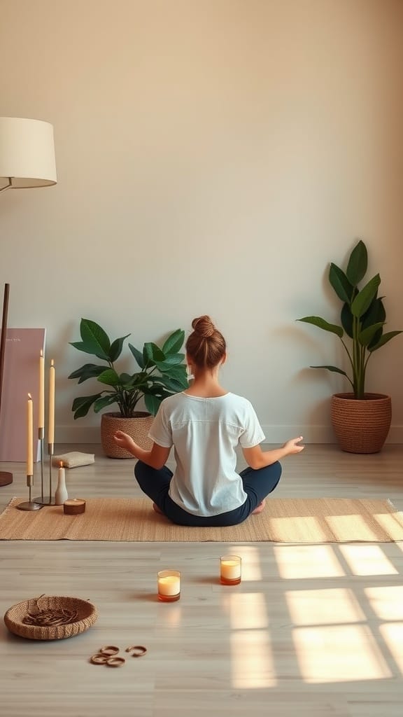 A person sitting in a peaceful meditation pose surrounded by candles and plants.