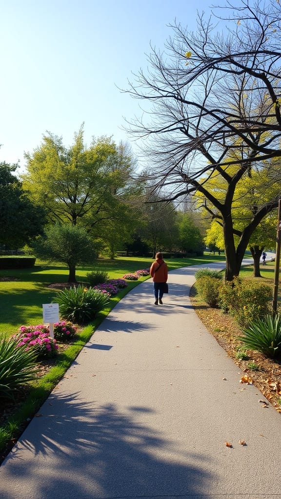A person walking along a tree-lined path in a park with blooming flowers.