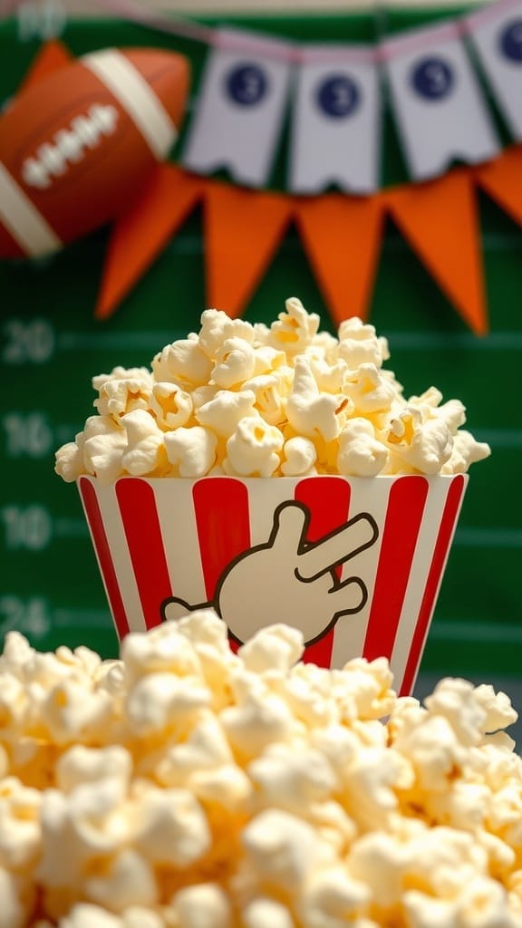 A bowl of popcorn topped with nutritional yeast, displayed in a festive setting.