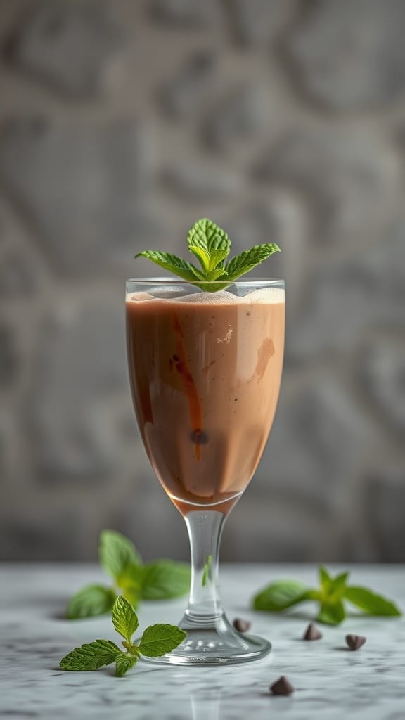 A refreshing chocolate mint mocktail garnished with mint leaves