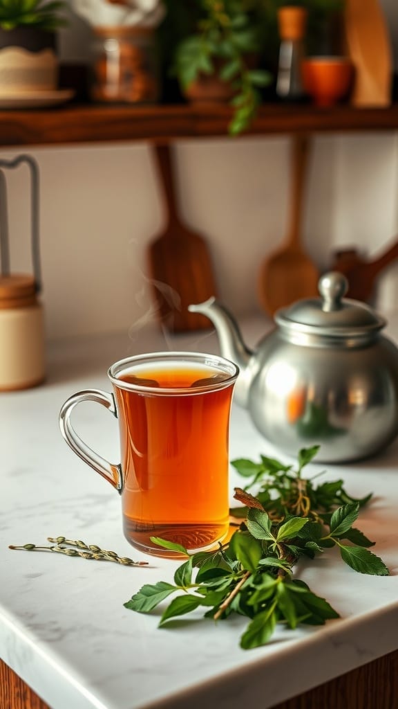 A steaming cup of herbal tea next to fresh herbs and a teapot on a kitchen counter.