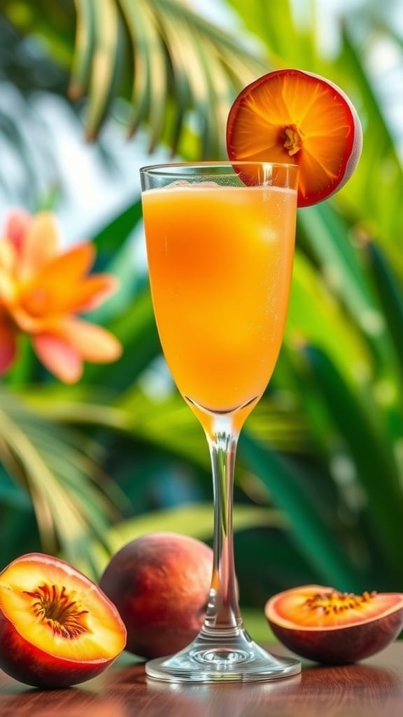A refreshing Peachy Passion Fruit Cooler mocktail in a glass, garnished with a peach slice, surrounded by fresh peaches.