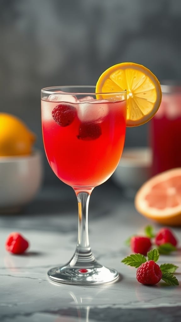 A refreshing raspberry lemonade mocktail garnished with a lemon slice and raspberries.
