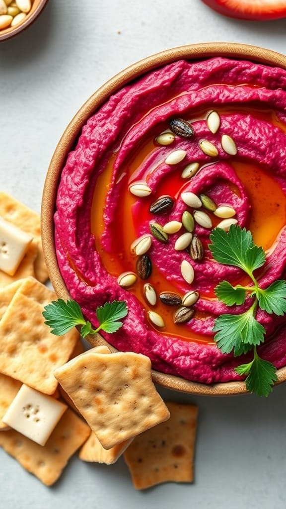 A bowl of roasted beet hummus garnished with seeds and herbs, surrounded by crackers.