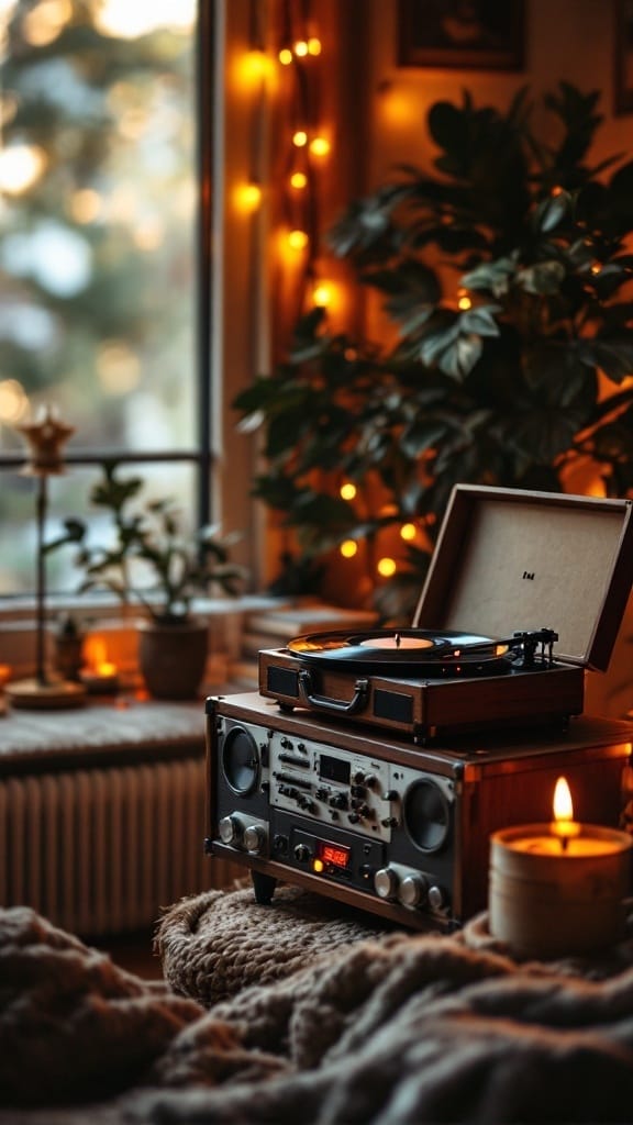A cozy room with a record player, soft lighting, and musical instruments, perfect for a calming morning.