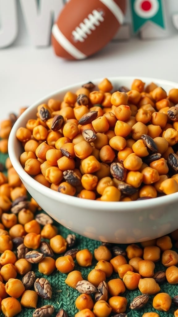 A bowl of spicy chickpea snack mix, surrounded by scattered chickpeas on a green textured surface, with a football decoration in the background.