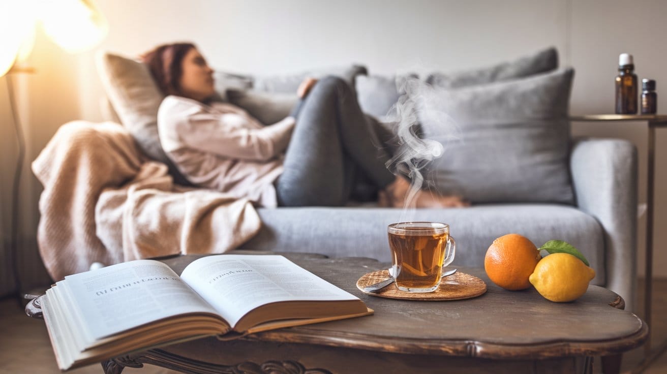 A scene of a cozy living room setting where someone is curled up on a modern couch with a soft blanket.