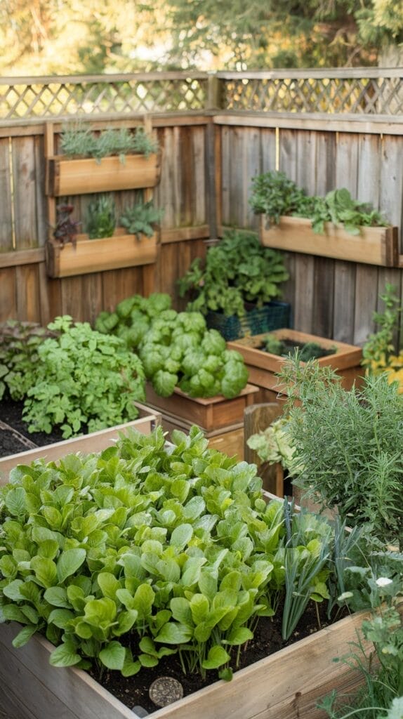 small backyard garden with vibrant raised beds filled with lush, green plants