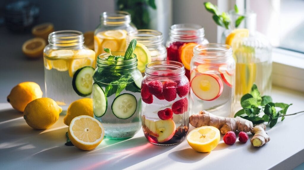 Imagine a sunlit kitchen countertop filled with glass jars of colorful, infused water.