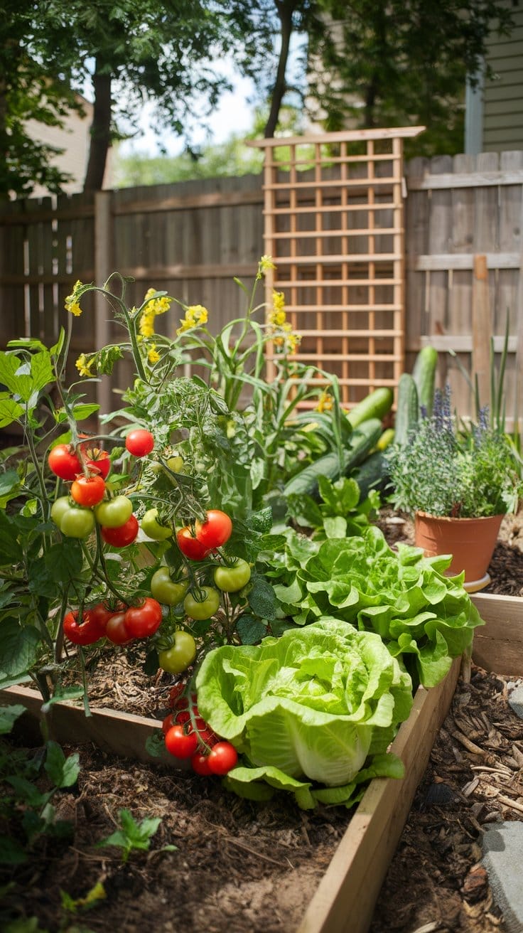 a sunlit backyard vegetable garden with