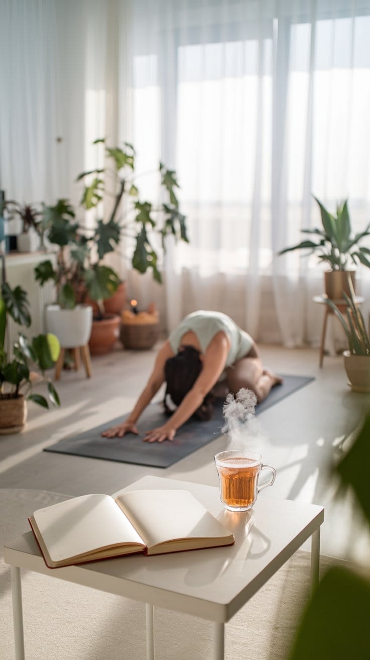 women doing yoga and calming herself for the day