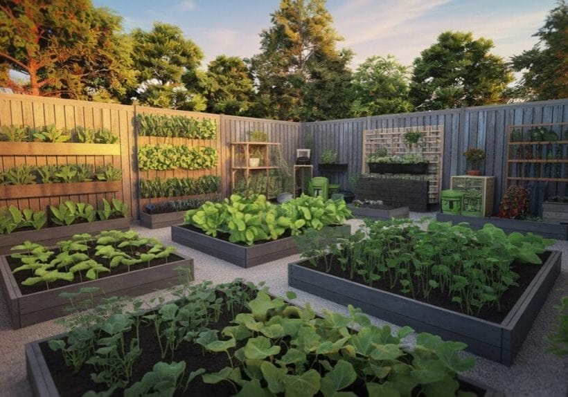 vegetable garden space with vertical growing systems, raised beds, and container gardens