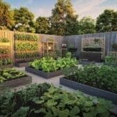 vegetable garden space with vertical growing systems, raised beds, and container gardens