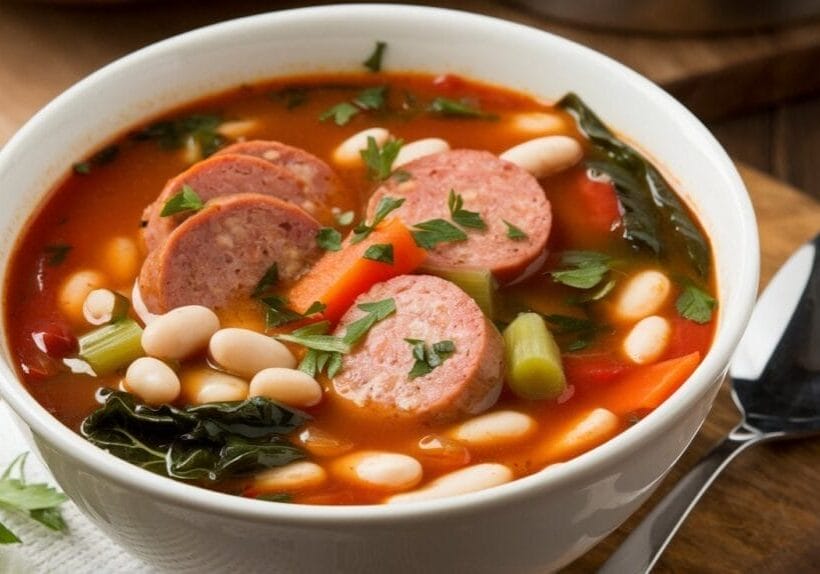 a bowl of italian sausage and bean soup