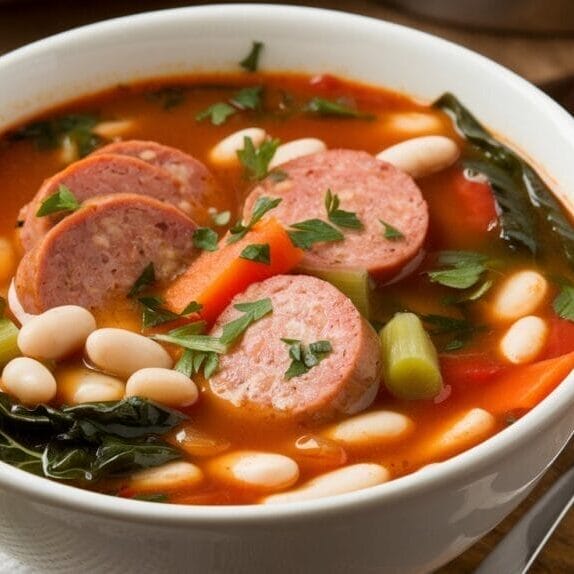 a-warm-bowl-of-italian-sausage-and-white_AuP96incSJ2ilK_3hijnew_K6vdnHSwSM2gL1x_djnqSw a bowl of italian sausage and bean soup